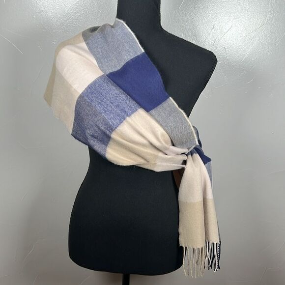 Cashmere Scarf Made in Germany Blue Cream Tan with Fringe - Picture 4 of 12